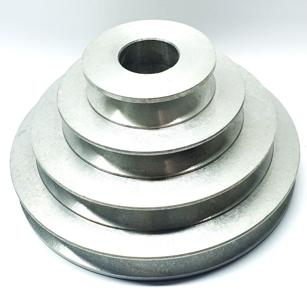 4.5" PCD 4A Section Stepped Alloy Pulley 1/2" Bore, No Key, Steps 50, 70, 90 & 114mm, 68mm Overall Length (Max 22mm Bore, 6mm Key)