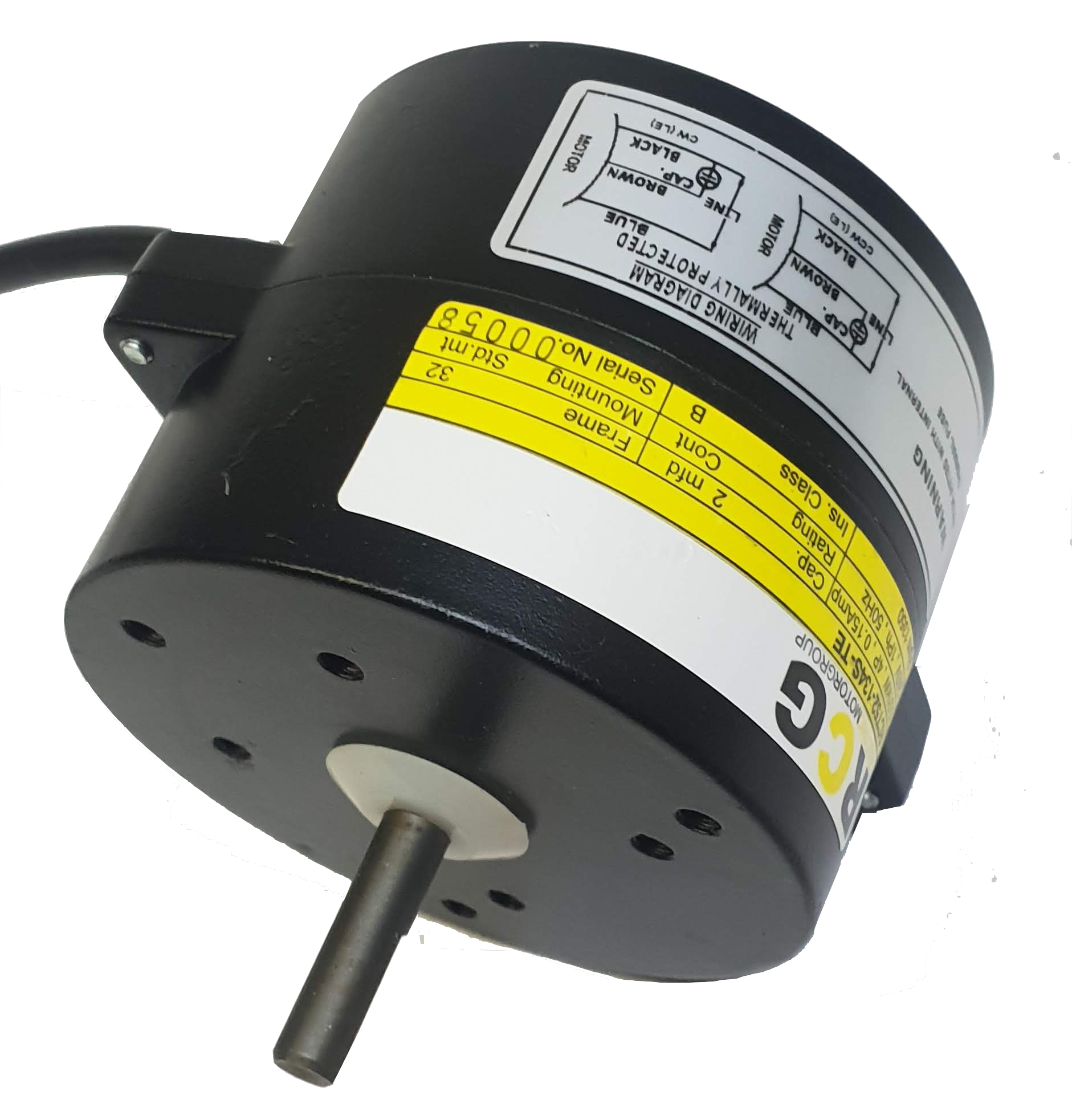 RCG Fridgemaster 52 Series: 13W 1/50H pole 240V 1-phase 1350RPM 4-pole single shaft 5/16", front & rear 3 or 4 hole face mounting options