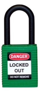 Green nylon safety padlocks with non-conductive nylon shackle