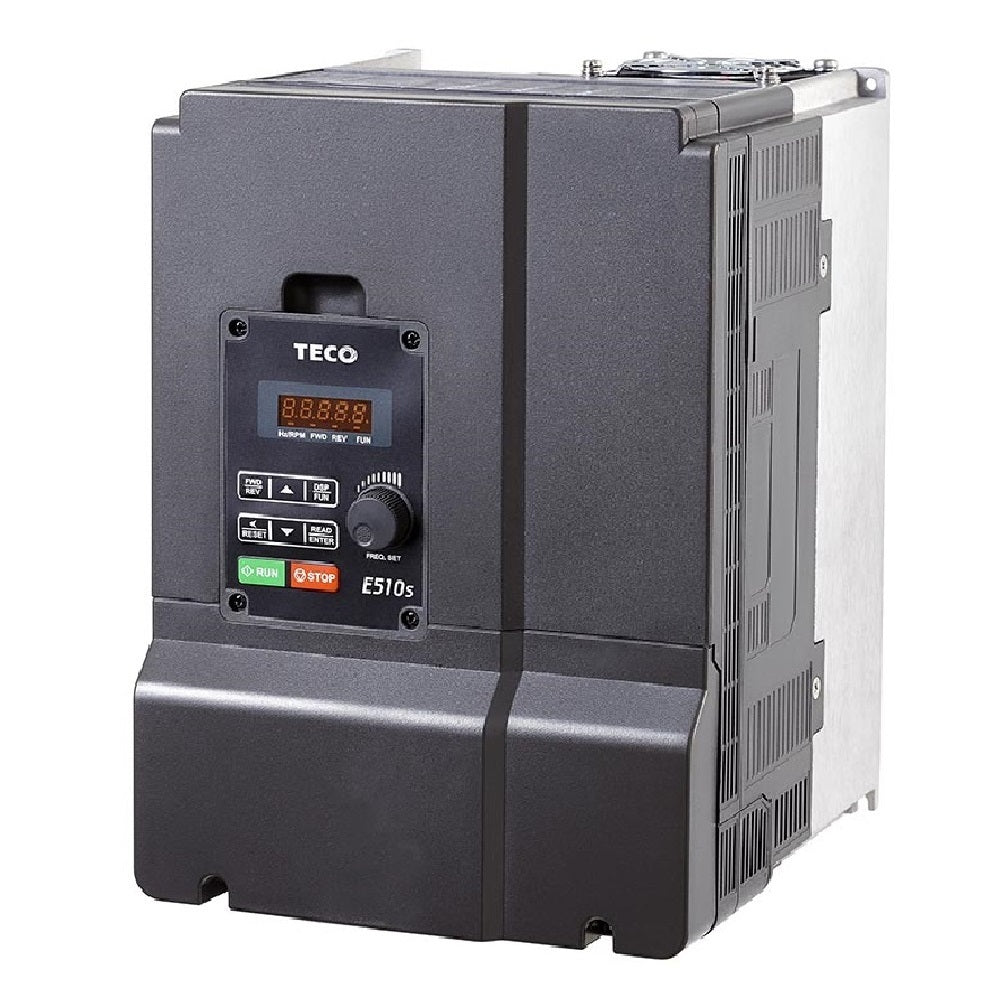 Teco E510 IP20 2.2kW 200-240V 1ph 10.5A RFI Filter, Frame 2, S/Torque 150%/3Hz(V/F), 150%/1Hz(Vector), + Power Switch, + EMI filter, Ext. h/sink, + dig display & k/pad Inc. potentiometer, PLC & PID Function Std, Lock Function: No Unauth Acc, 760/E522P2