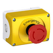 ABB Emergency Stop Station With 40mm Twist To Release Button, Yellow/Light Grey With Emergency Stop Legend & 2x N/C Contacts, 1SFA611821R1040 (1x MEPY1-0, 1x MPMT3-10R, 2x MCB-01B, 1x MA6-1026 (Vertical Mount) or 1x MA6-1101 (Horizontal Mount)