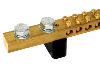 300-amp neutral/earth bar - 2 x M10 studs, 24 up to 50mm2 tunnels with feet