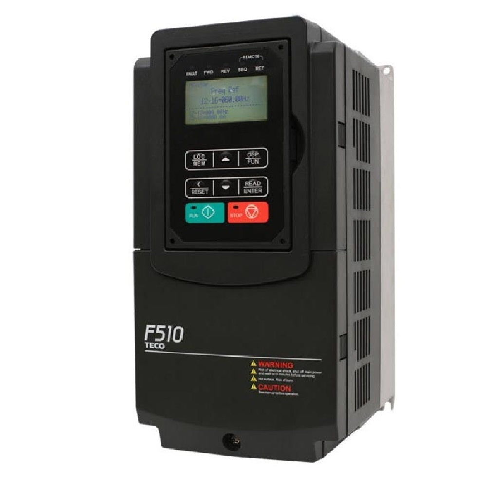 Teco F510 IP55 Fan & Pump VSD, 1.5kW 380-480V 3ph 4.1A, Frame 1, RFI Filter Fitted, LCD Keypad, O/L 120%/60sec,2 sets of PID Control, 2 Analog Output, Simple PLC Function, Dynamic Braking, Control Modes: V/F, SLV, SV, PMSLV with Space Vector PMW mode