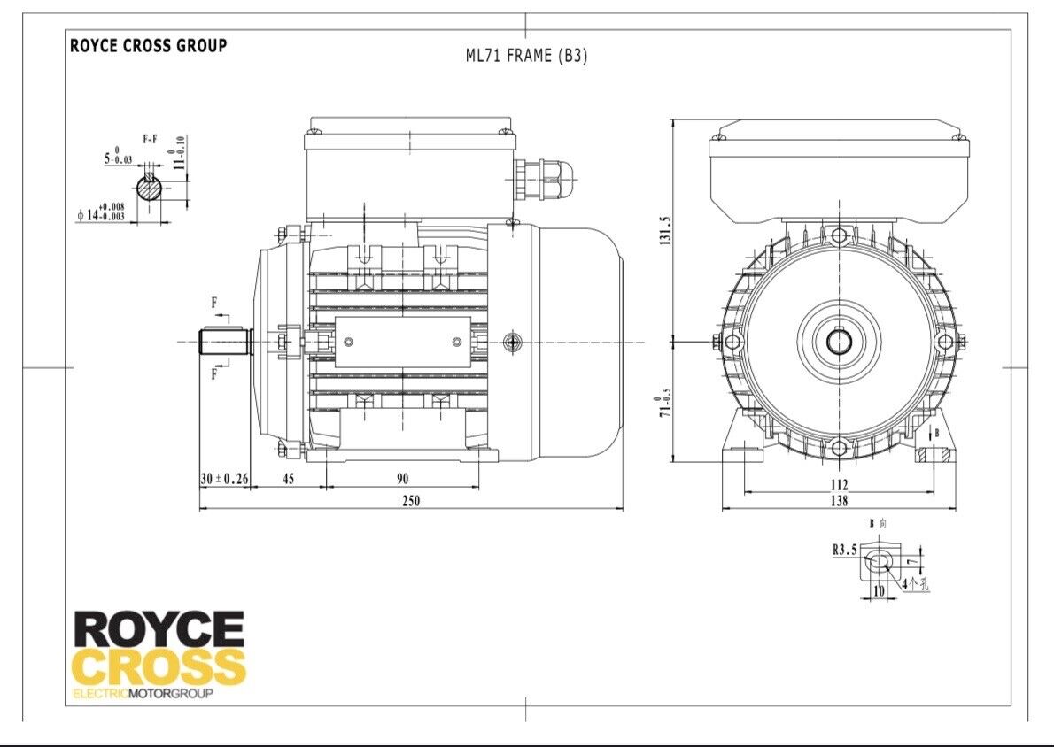 RCG Alloy ML71 0.37kW 4P TEFC B3 Foot Mount 1 Phase 240V IP55 CSCR Electric Motor 14mm Shaft - ML712-4 (B3)
