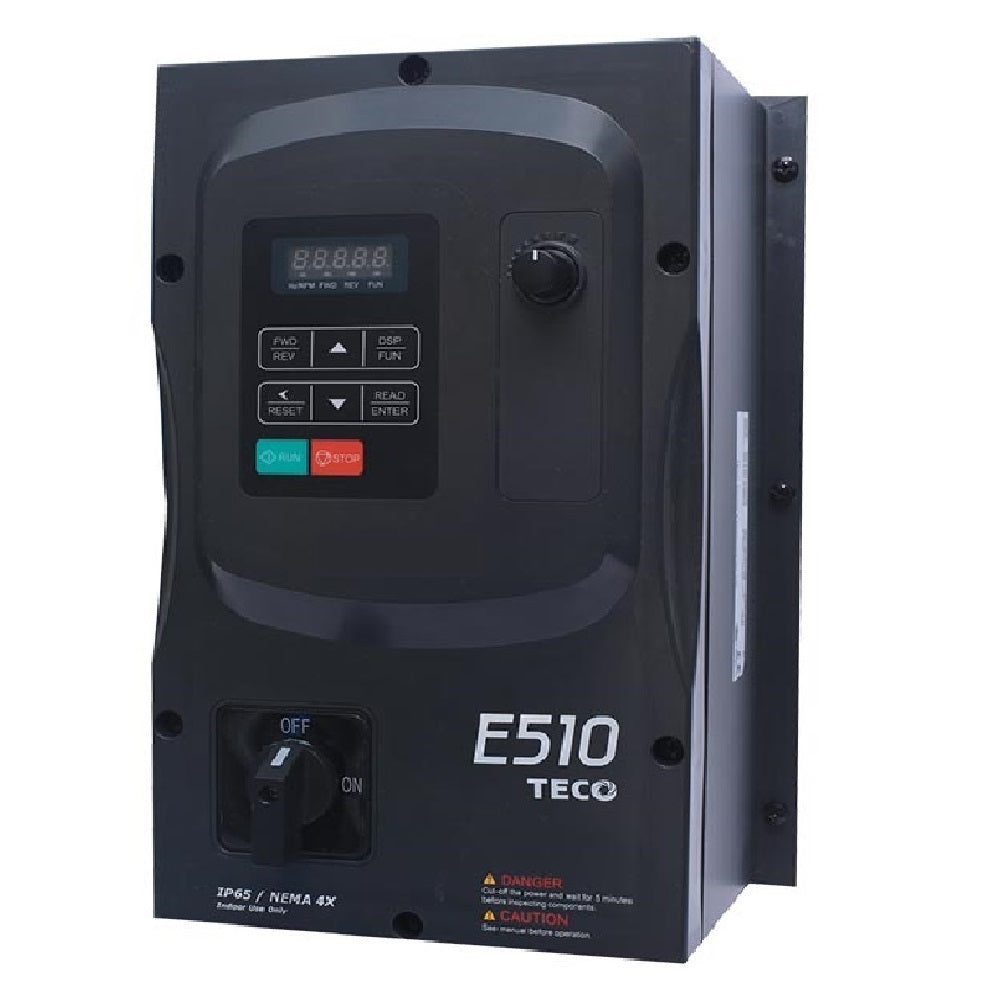Teco E510 IP66 0.4kW 200-240V 1ph 3.1A, RFI Filter, Frame 1, S/Torq 150%/3Hz(V/F), 150%/1Hz(Vector), + Power Switch, + EMI filter, Ext. h/sink, + dig display & k/pad Inc. potentiometer, PLC & PID Function Std, Lock Function: No Unauth Acc, 768/E520P4FIP66