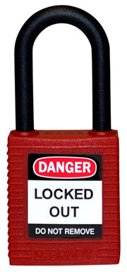 Red nylon safety padlocks with non-conductive nylon shackle