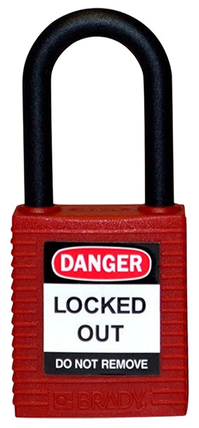 Red nylon safety padlocks with non-conductive nylon shackle