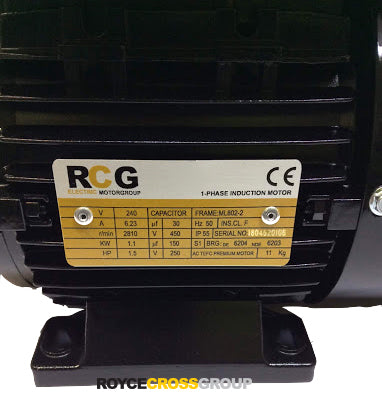 RCG Alloy ML80 1.1kW 2P TEFC B3 Foot Mount 1 Phase 240V IP55 CSCR Electric Motor 19mm Shaft - ML802-2 (B3)