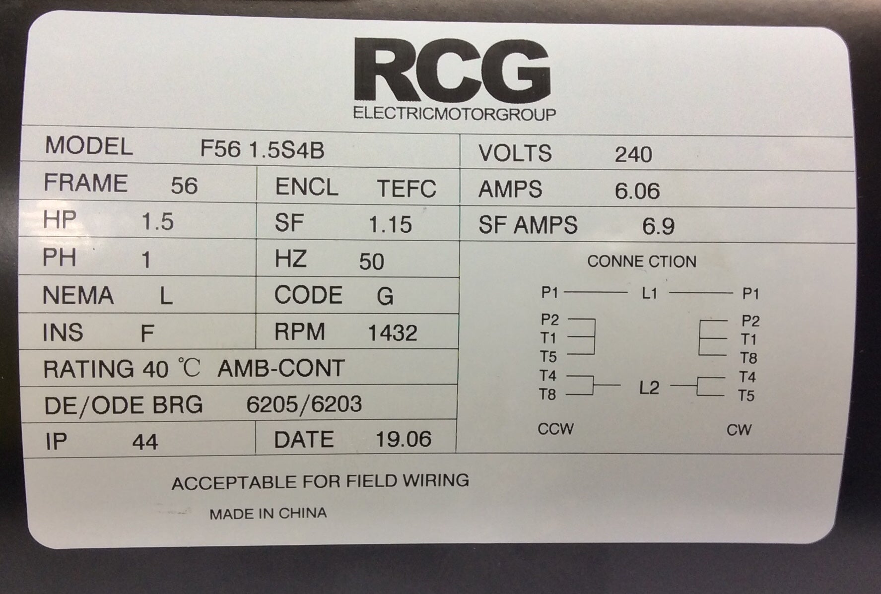 RCG B56 1.1kW 4P TEFC B3 foot mnt CSCR 240V steel 5/8 shaft Motor c/w 1m Lead