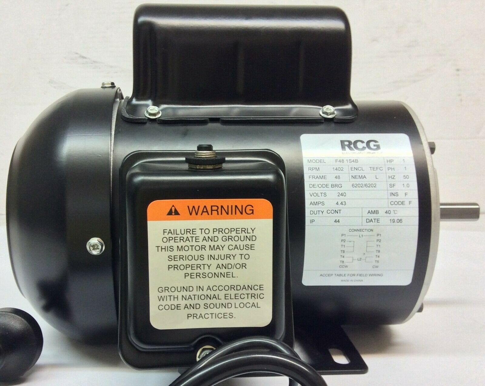 RCG B48 0.75kW 4P TEFC B3 foot mount PSC 240V steel 1/2 shaft