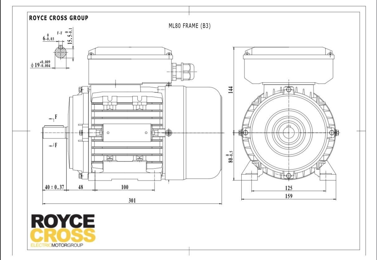 RCG Alloy ML80 0.75kW 4P TEFC B3 Foot Mount 1 Phase 240V IP55 CSCR Electric Motor 19mm Shaft - ML802-4 (B3)