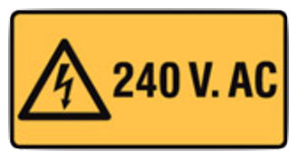 240 volts warning sign W50mmxH25mm - five pack