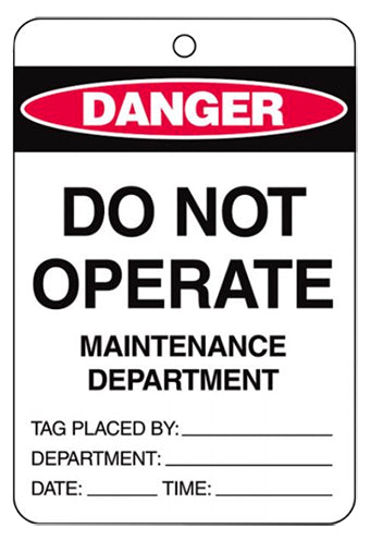 Danger Do Not Operate Maintenance Department large card stock tags - 100-pack