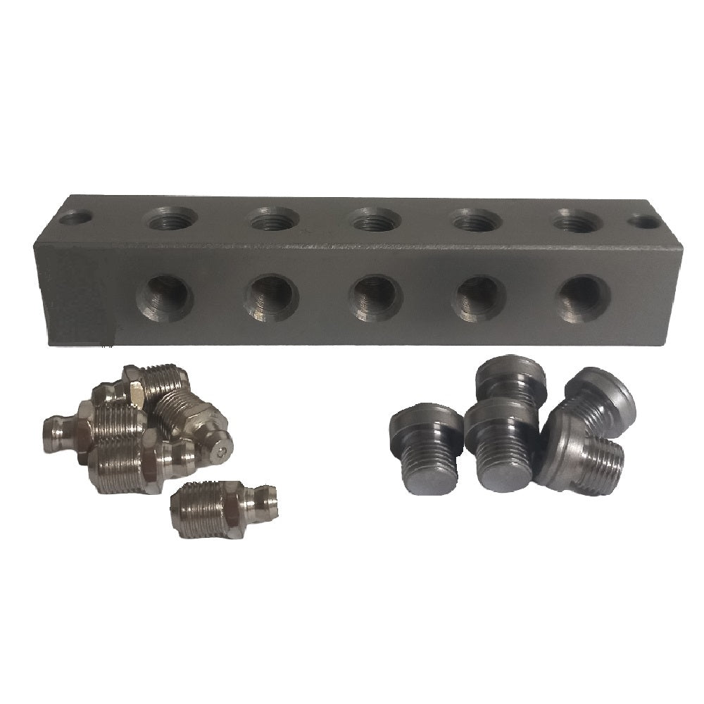 5 Outlet Anchor Block With 1x Grease Nipple & Blanking Plug Per Outlet,  1/8" BSP Thread, 128mm Long, 118mm Mounting Centres. #99-RGB5