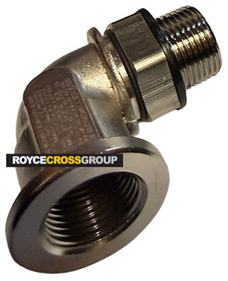 Adjustable elbow adaptor [Ex], M20(M) - M20(F), nickel-plated brass