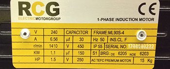 RCG Alloy ML90S 1.1kW 4P TEFC B35 Foot & B5 Flange Mount 1 Phase 240/480v IP55 CSCR Electric Motor 24mm Shaft