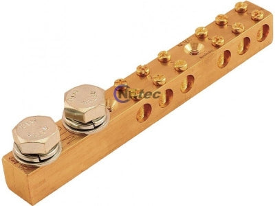 250-amp 6-way earthing bar - 35mm tunnels, 2xM10 studs
