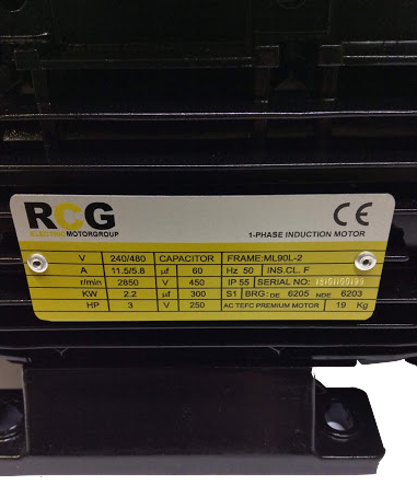 RCG alloy ML90L 2.2kW 2p TEFC B3 foot mount 1-phase 240/480V IP55 CSCR electric motor 24mm shaft - ML90L-2 (B3)