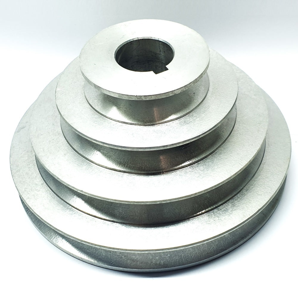 5.5" PCD 4A Section Stepped Alloy Pulley 5/8" Bore, 3/16 Key, Steps 57, 84, 114 & 140mm, 68mm Overall Length (Max 25mm Bore, 8mm Key)