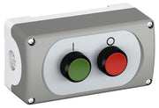 ABB 2 Button Plastic Enclosure With Green/Red Buttons (I/O) 1x N/O + 1x N/C Contacts, Dark Grey/Light Grey, 1SFA611812R1001 (1x MEP2-0, 1x MP1-10R, 1x MP1-10G, 1x MCB-01B, 1x MCB-10B, 1x MA6-1026)